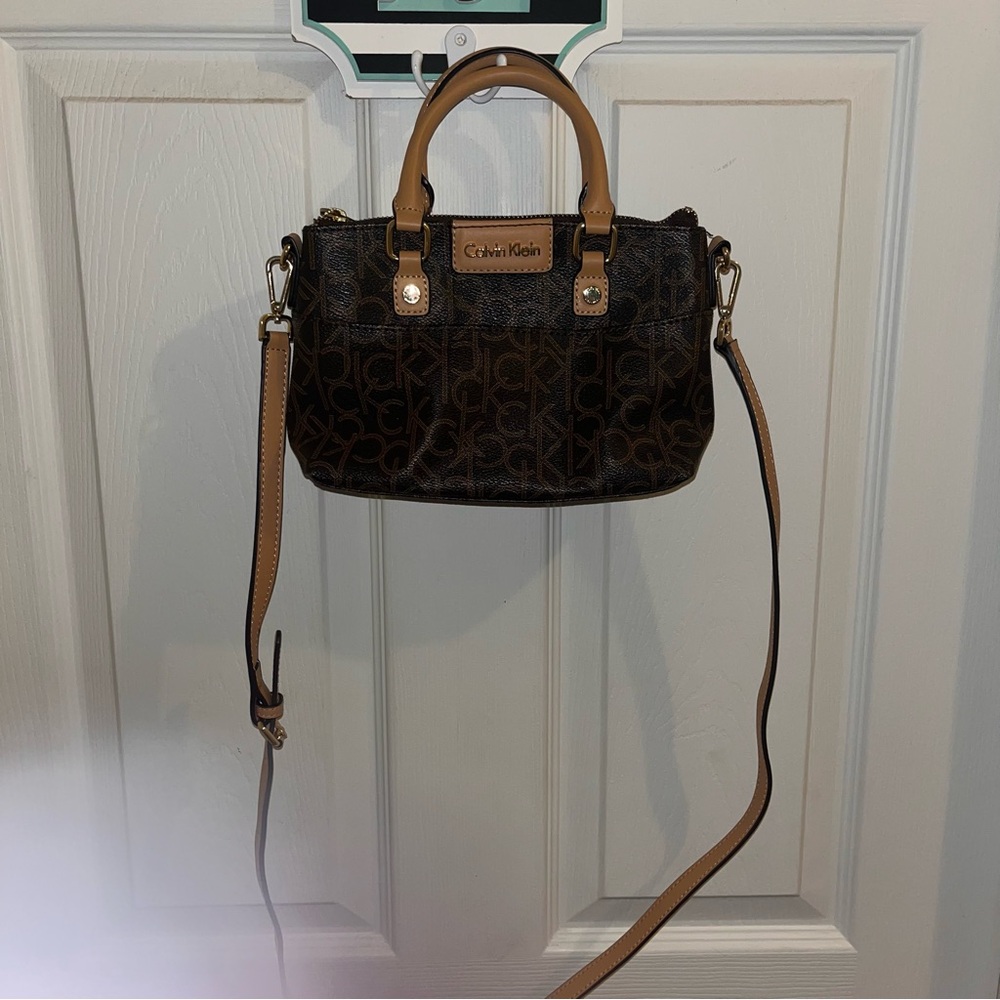 Calvin Klein Brown, Tan, and Gold Shoulder Bag with Crossbody Strap
